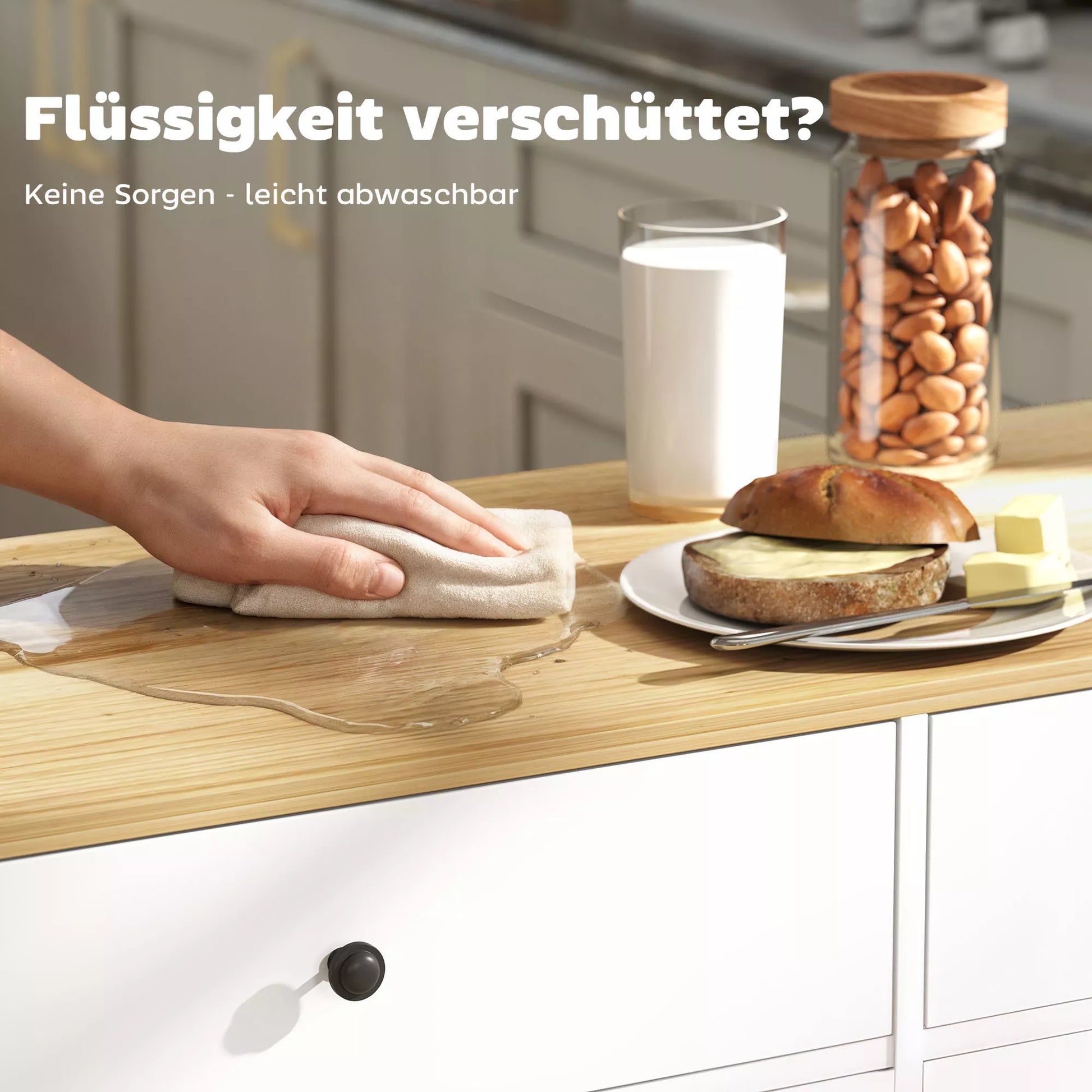 Ratinė virtuvės sala, 2 stalčiai, 2 spintelės, stumdomos, prieskonių lentynėlė, rankšluosčių laikiklis, peilių laikiklis, MDF, balta