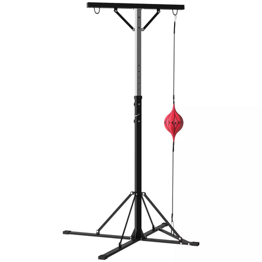 Smūgių maišo stovas, reguliuojamo aukščio, su greičio kamuoliu, metaliniu rėmu, 160 I x 145 P x 175-220 A cm, juodas