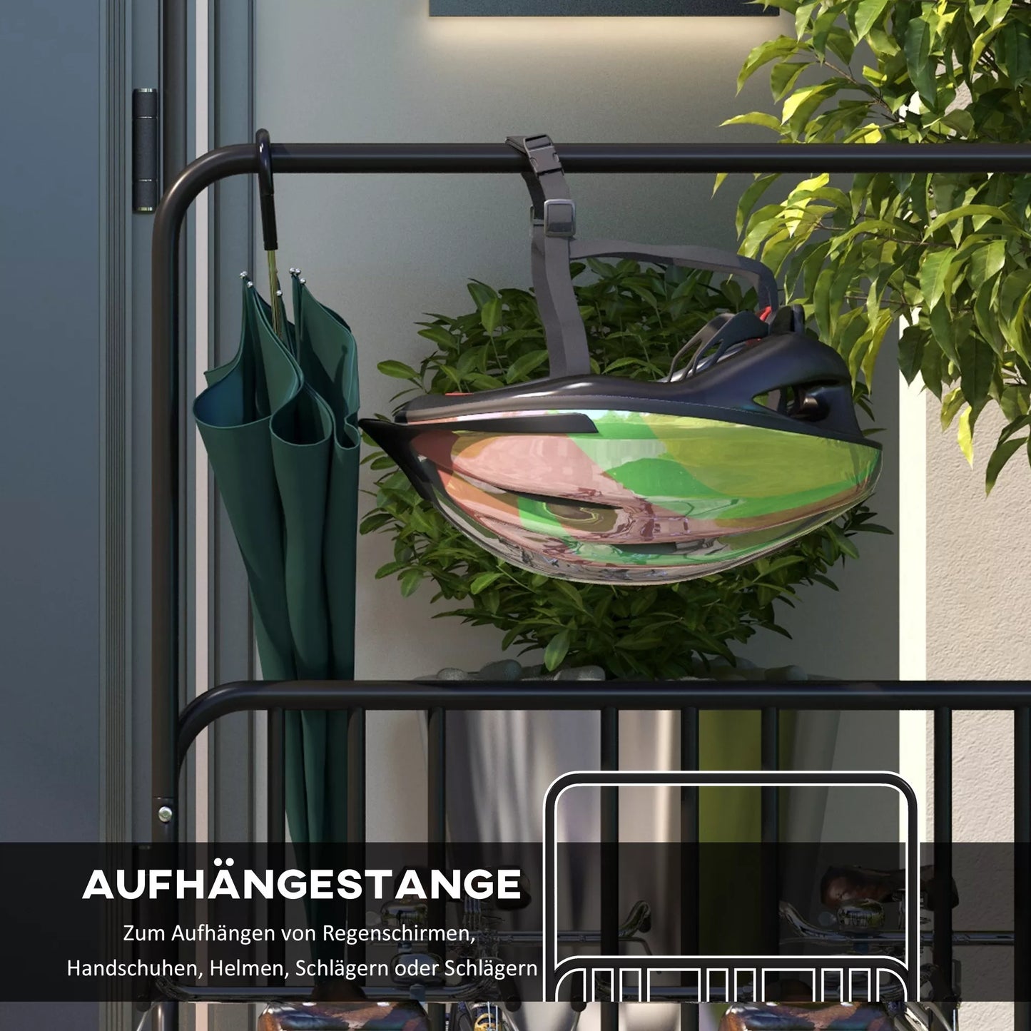 Dviračių stovas 4 dviračiams, atsparus oro sąlygoms, papildomas laikiklis, 102 x 92 x 130 cm, juodas