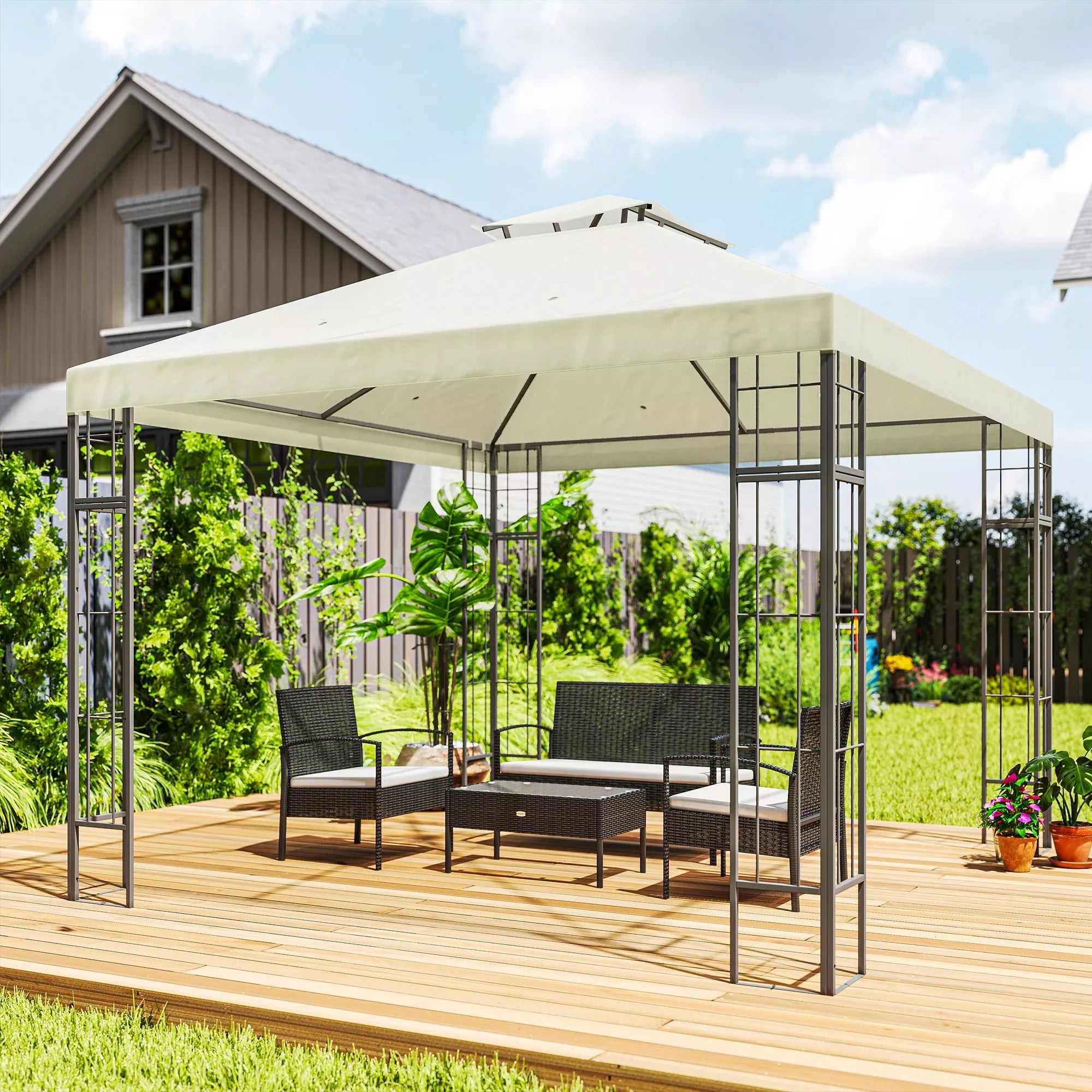 3 x 3 m sodo pavėsinė, 2 pakopų stogo konstrukcija, UV30+ apsauga, atspari UV spinduliams, apsauga nuo saulės, metalinis rėmas, kreminė balta spalva