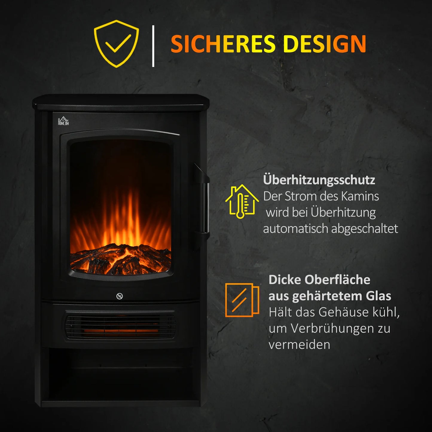Elektrinis židinys, realistiški liepsnos efektai, 2 šildymo pakopos, apsauga nuo perkaitimo, plienas, juoda spalva, 44,5 x 32 x 74 cm