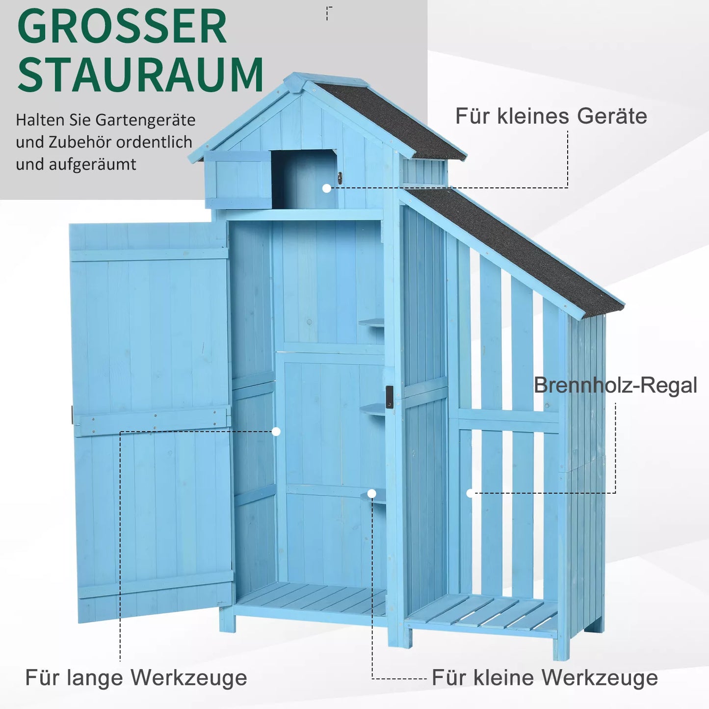 Sodo namelis įrankių sandėliukas su malkine, 3 lentynomis, asfalto danga, eglės mediena, dangaus mėlynumo, 130 x 54,5 x 180 cm