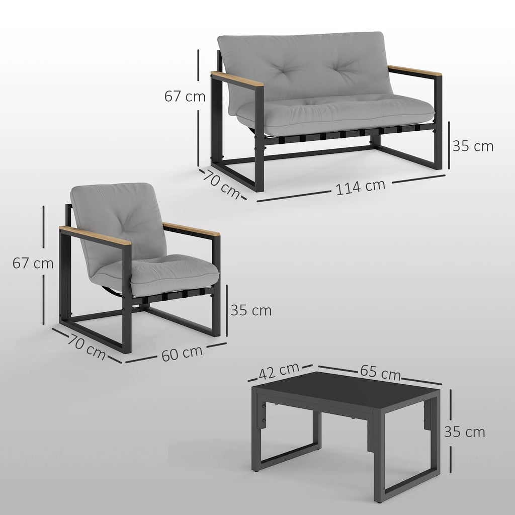 Sodo baldų komplektas 4 asmenims, atsparus oro sąlygoms, balkono baldų komplektas su dviviete sofa, foteliais ir sėdėjimo pagalvėlėmis, šviesiai pilkos spalvos