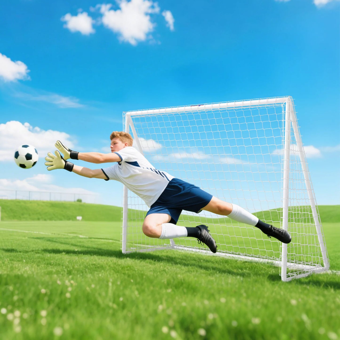 Futbolo vartai, tvirtas tinklas, plastikinis rėmas, įtvirtinimo kuoliukai, 240 ilgis x 90 plotis x 180 aukštis cm, balta spalva