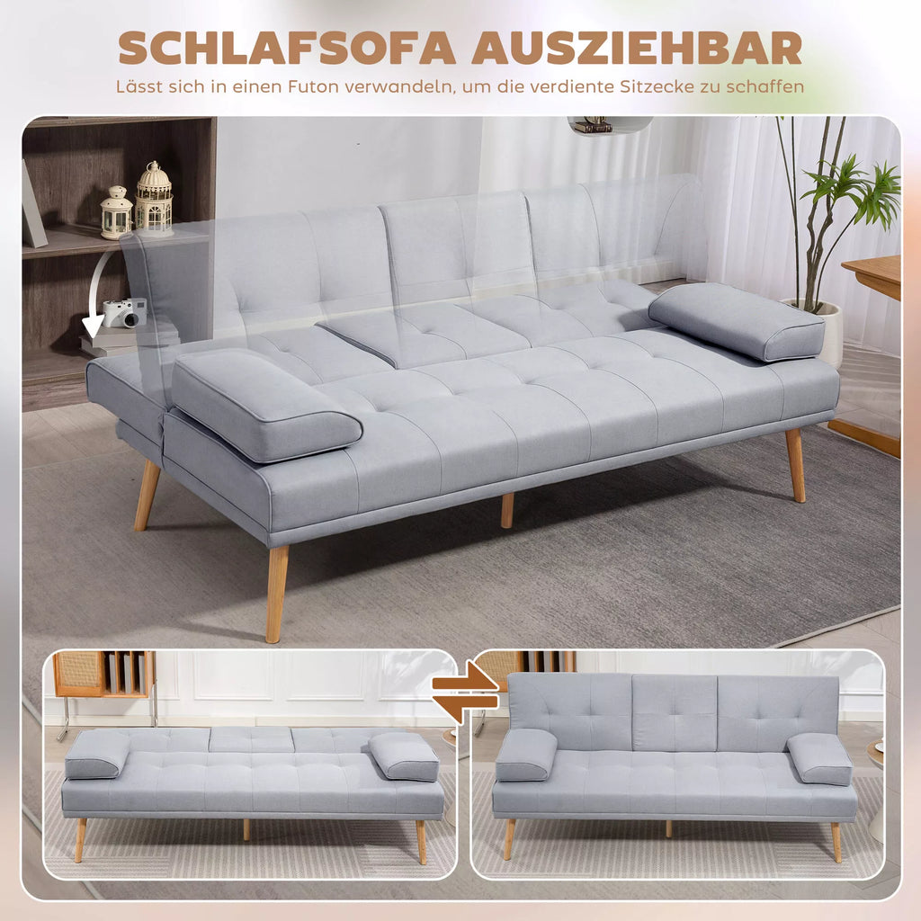 Miegamasis sofos, 3-vietė sofa, miegamasis sofos su atlenkiamu stalu, puodelių laikiklis, lino išvaizdos miegamasis sofos, svetainės svečių sofa, šviesiai pilkos spalvos