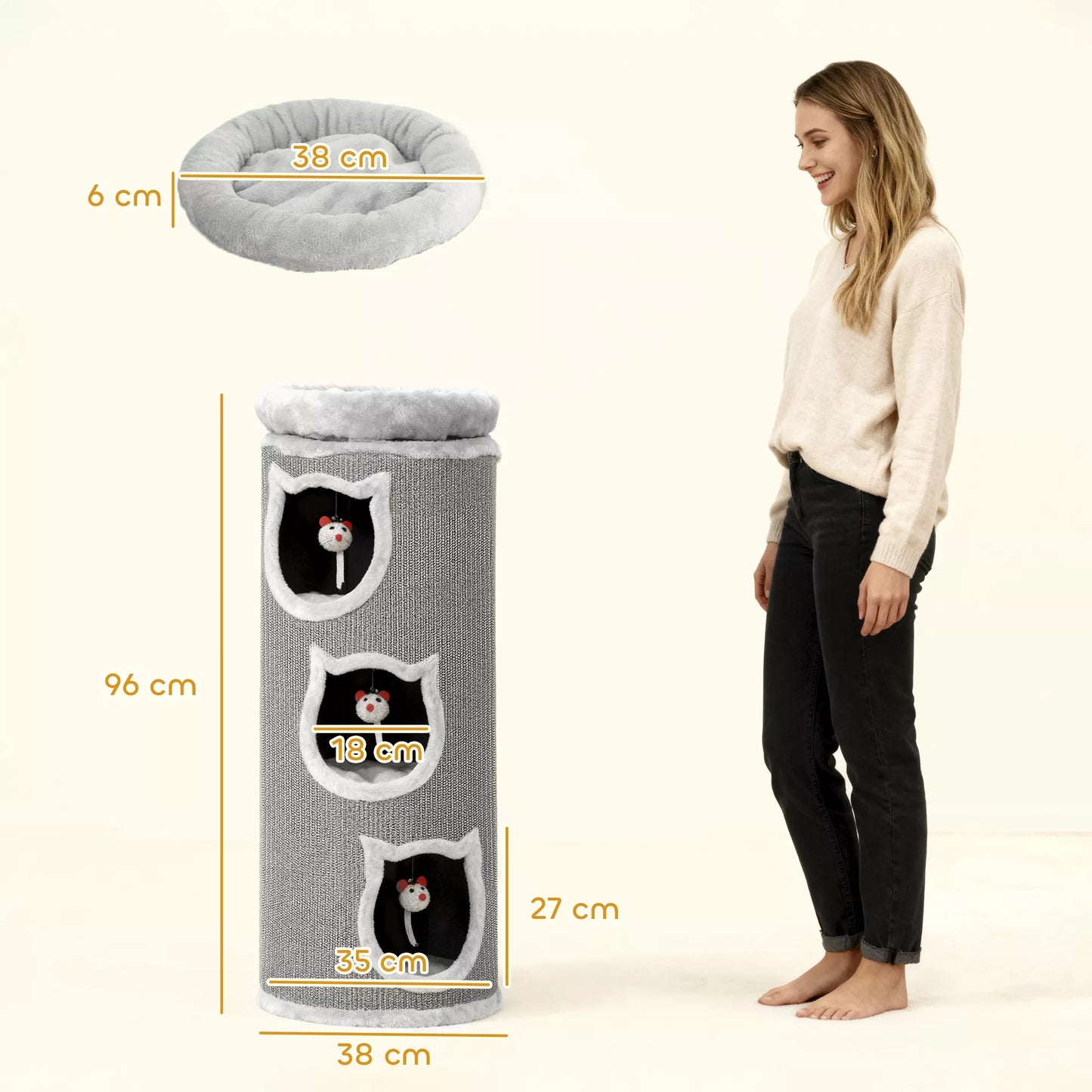 Katilinės draskyklė, 96 cm, 4 lygių katės bokštas su skalbiamu guoliu, 3 miegamosios olos, kabantys žaislai, daugeliui kačių, pilka