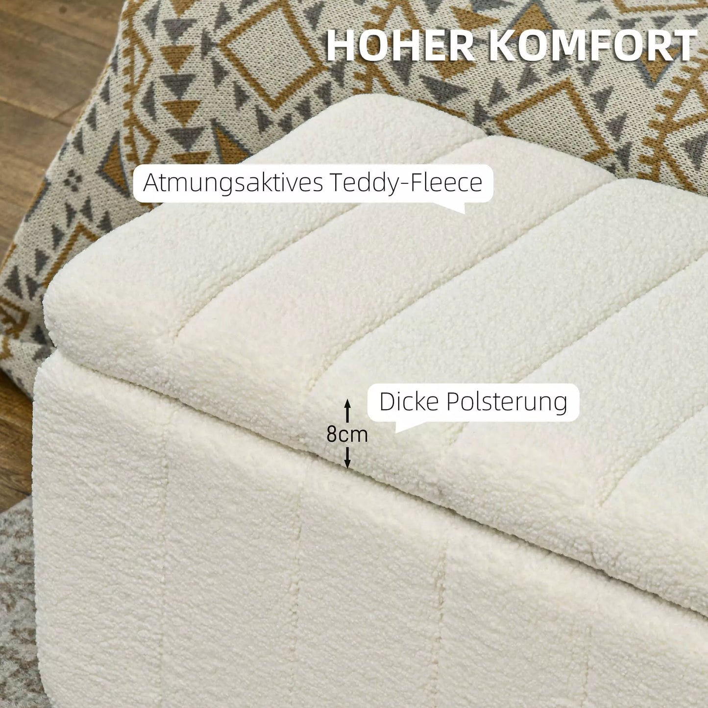 HOMCOM Minkštasuolis su laikymo vieta, atlaiko iki 120kg, 102x45x46cm, kreminės baltos spalvos