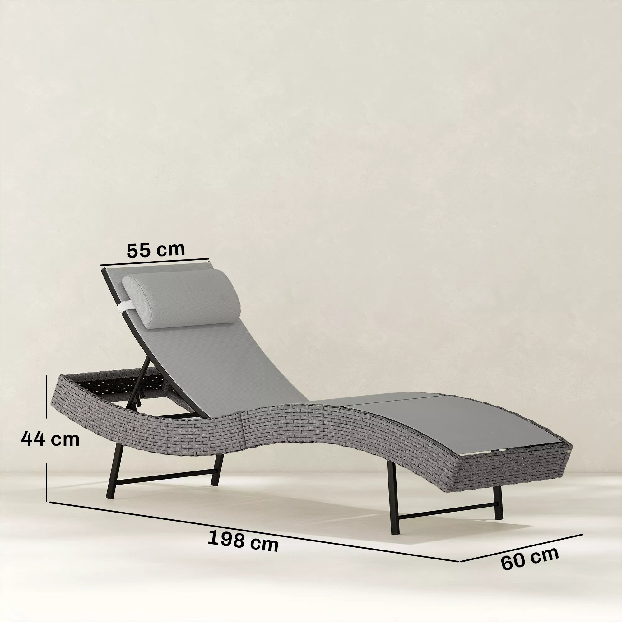 Gulto matmenų schema: ilgis 198 cm, plotis 60 cm, atlošo plotis 55 cm, aukštis 44 cm.
