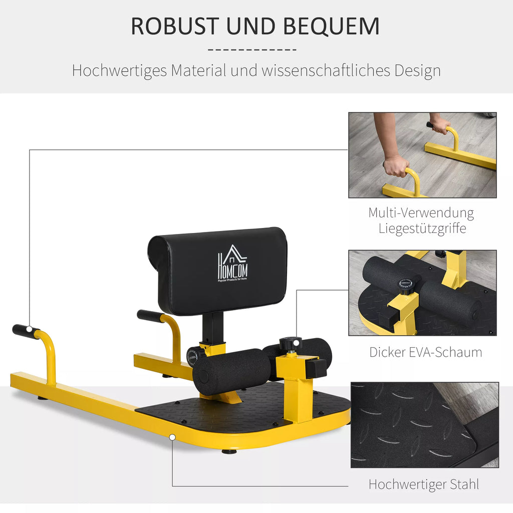 Sissy squat treniruoklis 3 viename, reguliuojamas iki 120 kg, geltonas/juodas