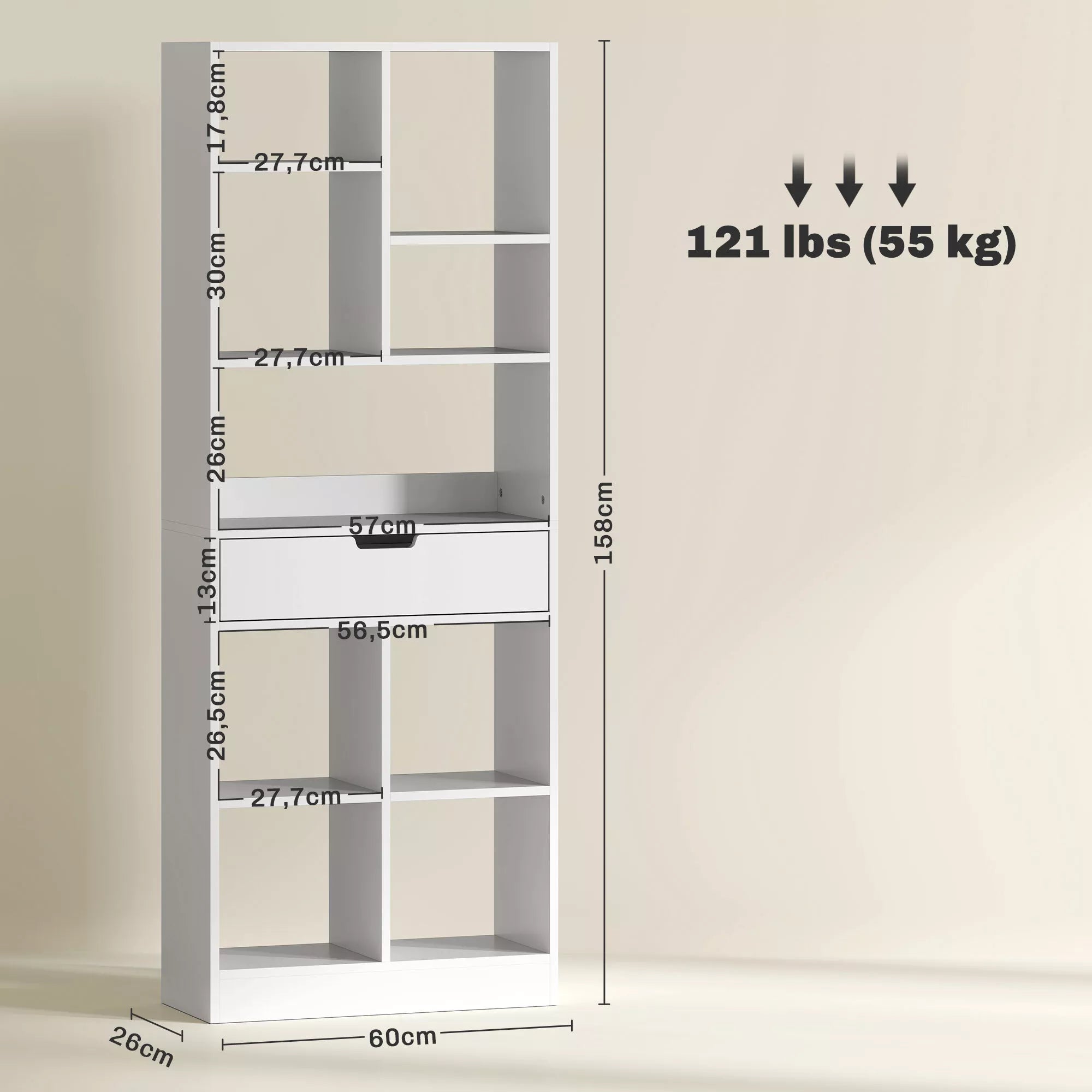 Knygų lentynos matmenų schema su nurodytais išmatavimais