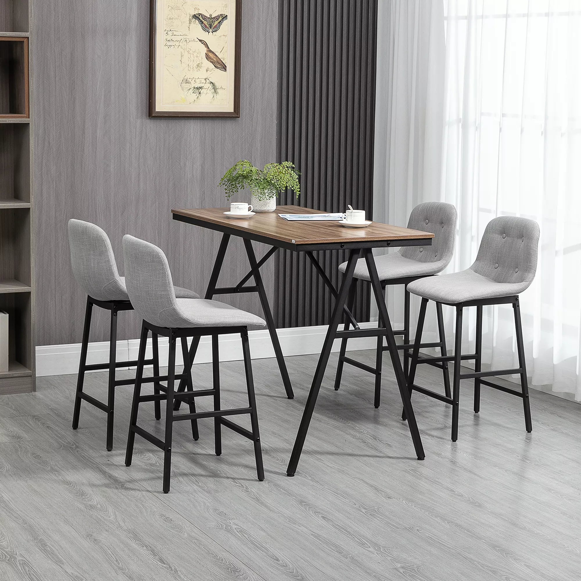 Industrinis baro stalo komplektas su 4 minkštomis baro kėdėmis – šviesiai pilka 120x60x91 cm