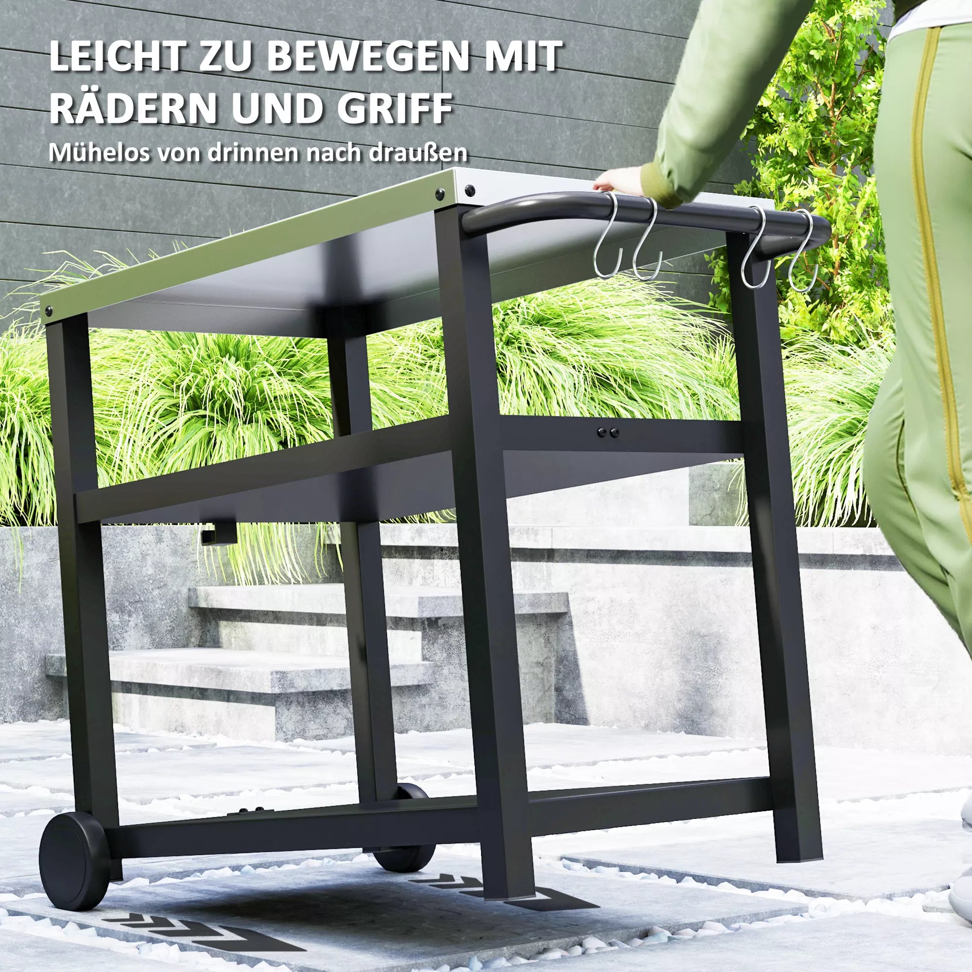 Grillwagen 3-Etagen Servierwagen mit Arbeitsfläche Ablagen Haken Räder, Edelstahl 102x50x81cm Kohlegrau