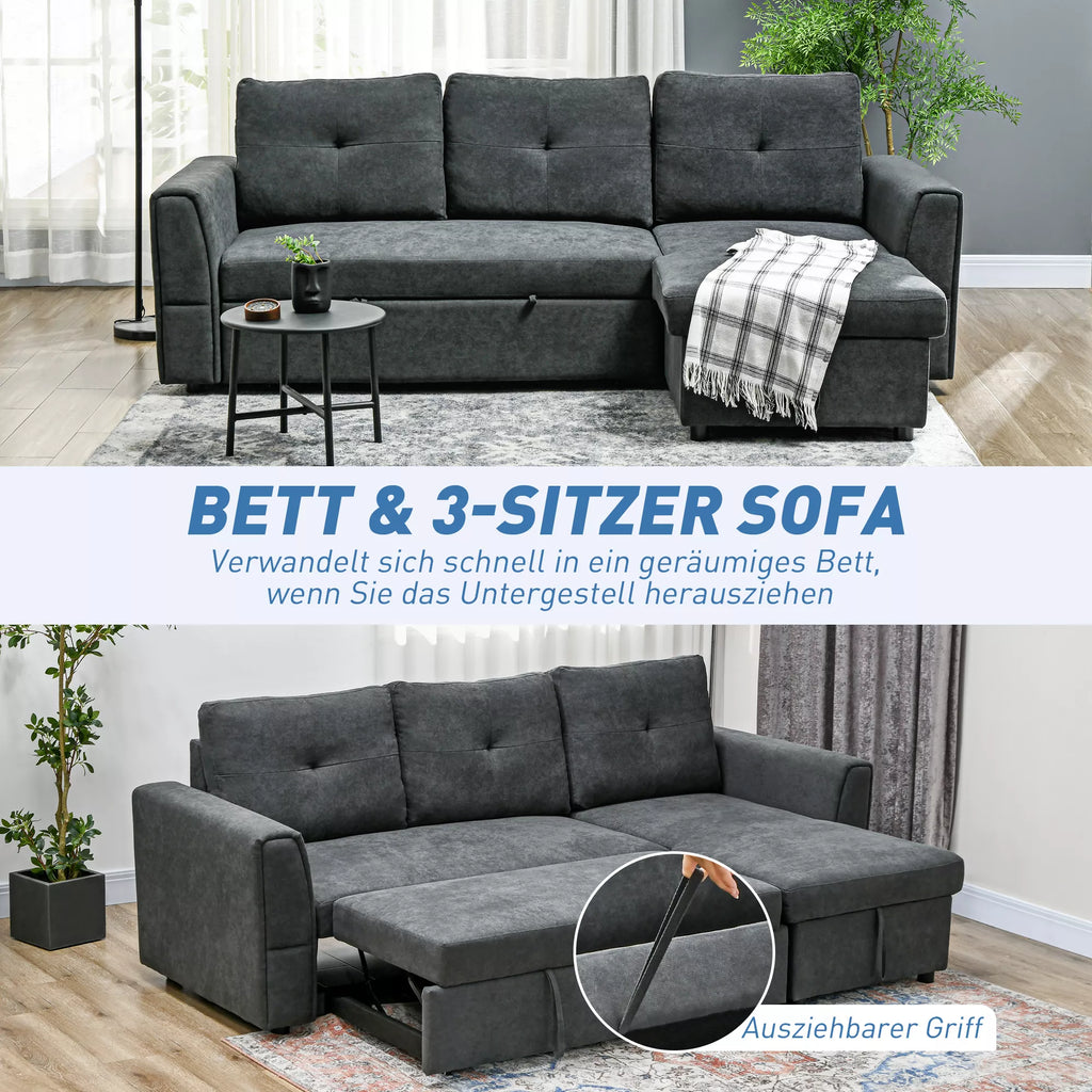 3 vietų sofa su lovos funkcija, miegamoji sofa su šezlongu, minkšta sofa, tamsiai pilka