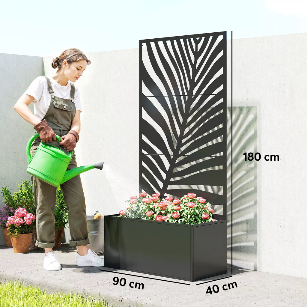 Aukštas gėlių dėžė su apsauga nuo smėlio Gėlių vazonas Metalinė gėlių dėžė, sodo grotelės 90 x 40 x 180 cm Juoda