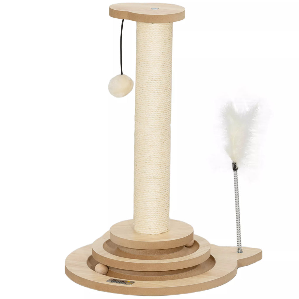 PawHut Kačių draskyklė, 49 cm, sizaliniai draskymo stulpeliai, kamuoliukų trasa, žaidimų kamuoliukas, žaidimo plunksnelė, 4-in-1 dizainas, ąžuolas, balta