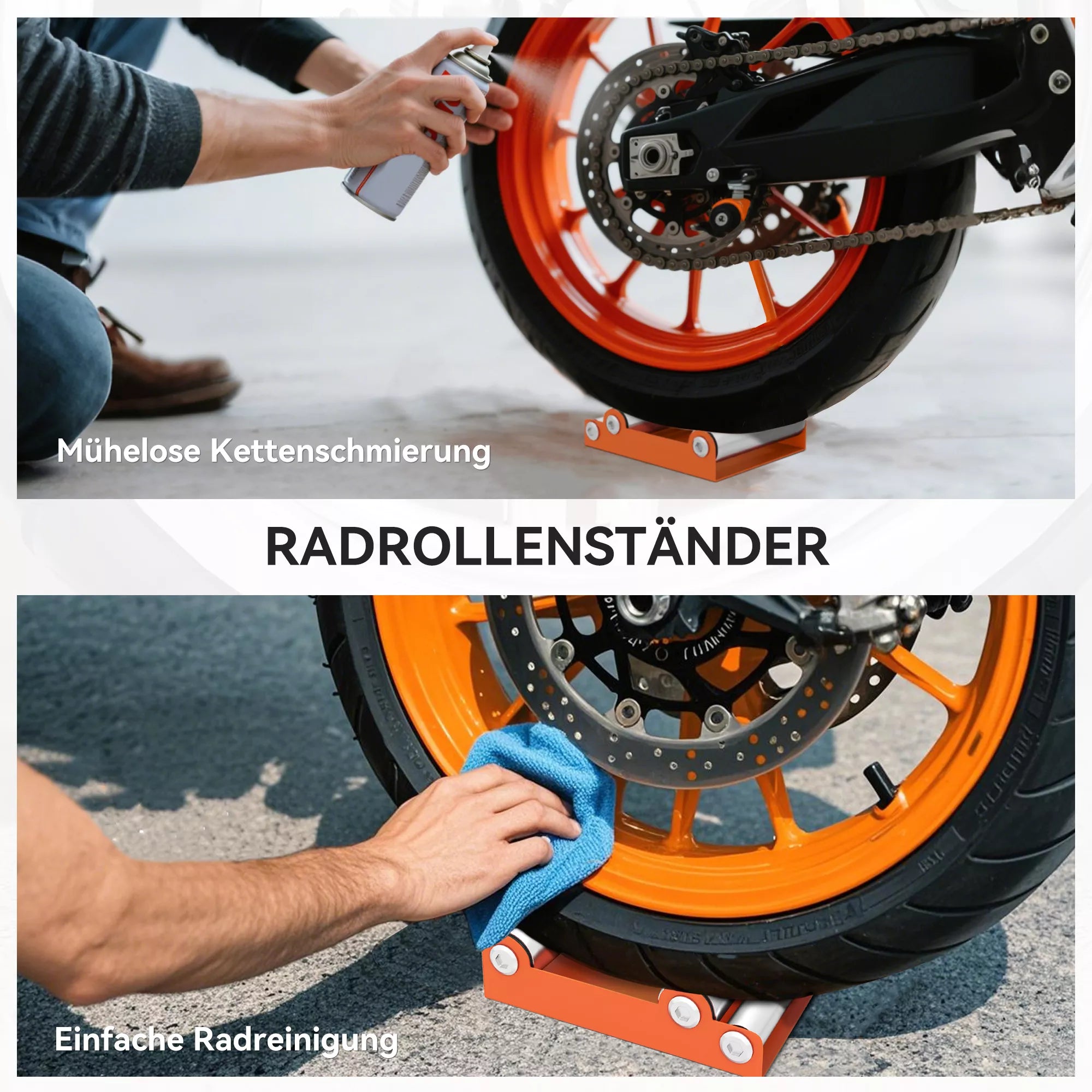 Žmogus valo motociklo ratą ant oranžinio valymo stovo, infografika