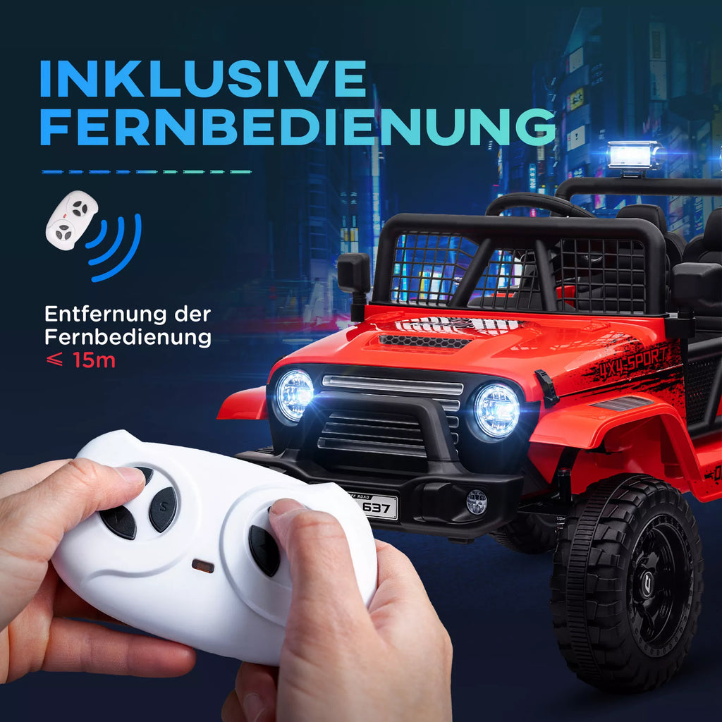 Vaikų elektrinis automobilis su švelnia amortizacija, nuotolinio valdymo pultu, LED žibintais, signaline, 12 V varikliais, pagamintas iš plastiko ir metalo, raudonos spalvos.