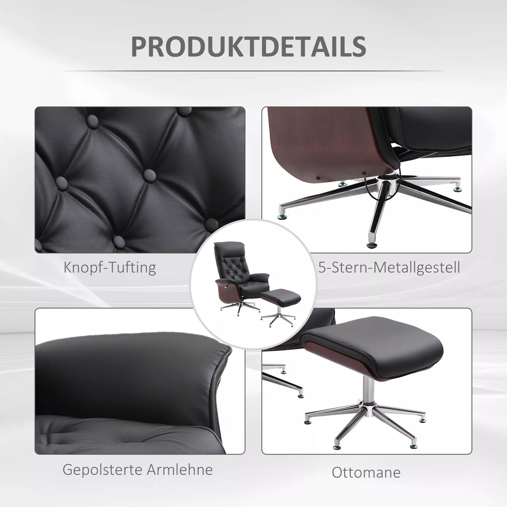 Atpalaiduojantis fotelis su taburete Televizijos fotelis Minkštas fotelis 360° pasukamas 145° pakreipiamas Retro dizainas Chesterfield PU apmušalas Medinis apmušalas Metalinė bazė Juodas 82 x 83 x 110 cm