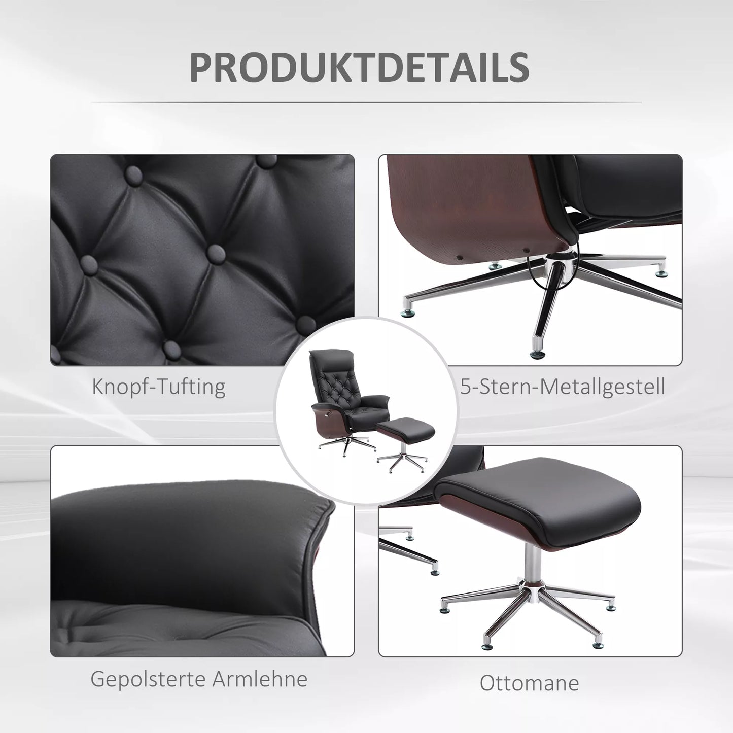 Relaksuojantis krėslas su pakoja, televizoriaus fotelis, minkštas krėslas, 360° pasukamas, 145° atlošiamas, su retro dizainu, "Chesterfield" stiliaus, PU danga, medžio apdaila, metalinis pagrindas, juodas, 82 x 83 x 110 cm