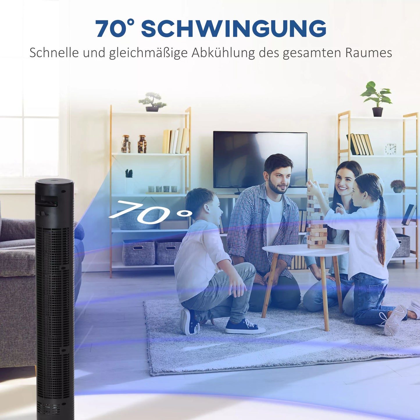 Tylus bokštinis ventiliatorius su nuotolinio valdymo pultu 117 cm 70° osciliacinis ventiliatorius Stovinis ventiliatorius su 4 režimais, 3 greičiais, 12 val. laikmačiu, LED ekranu, juodos spalvos