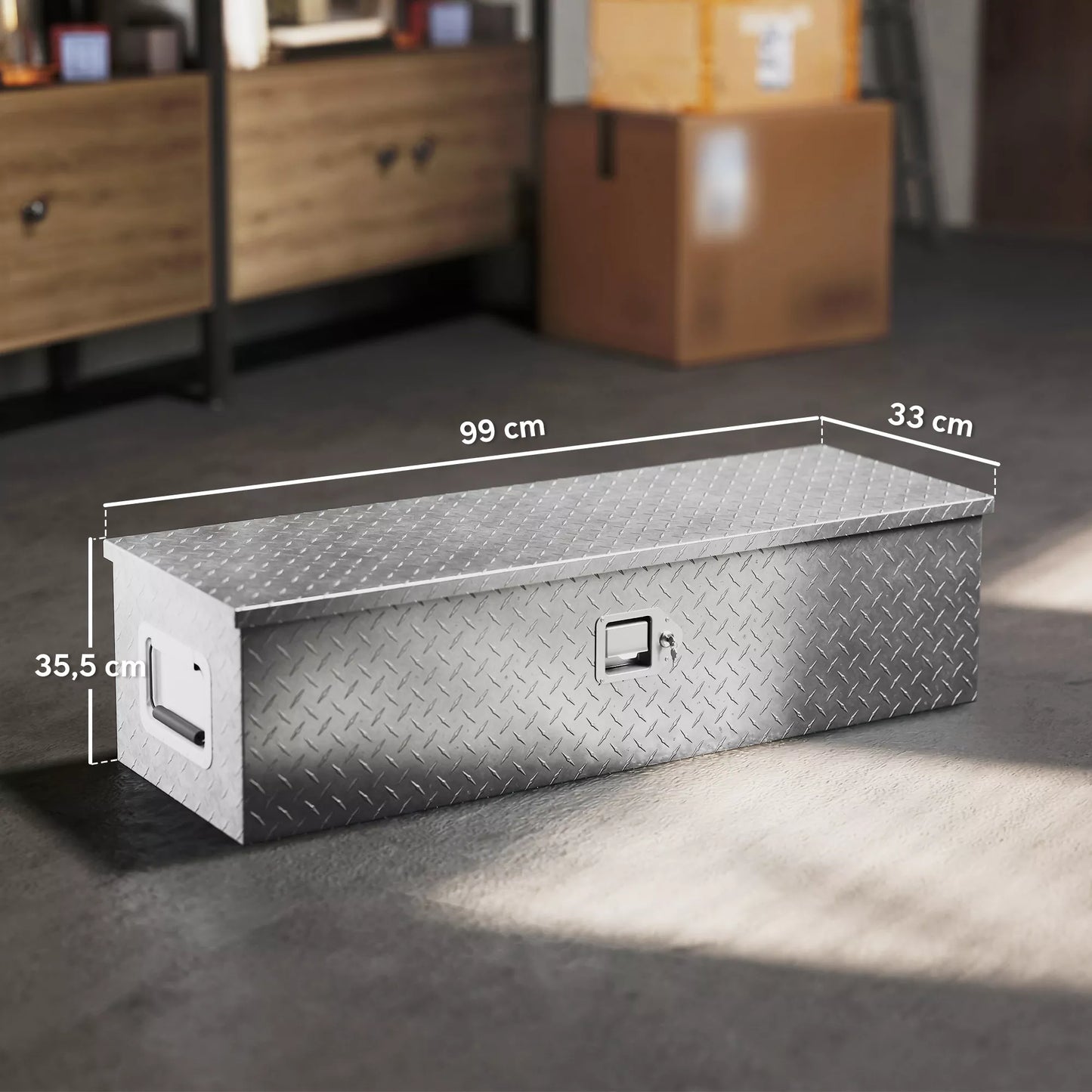 HOMCOM Stabili aliumininė laikymo dėžė su šoninėmis rankenomis, spyna ir raktais, įrankių dėžė, 99 x 33 x 25,5 cm