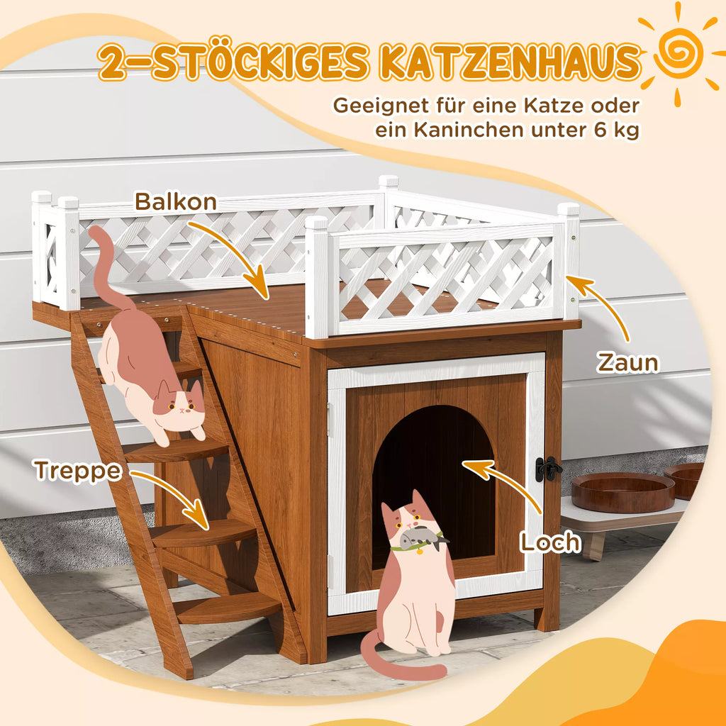 Katės namelis, dviejų aukštų, su balkonu ir laiptais, skirtas naudoti viduje ir lauke, katėms ir triušiams, pušies mediena, rudos spalvos