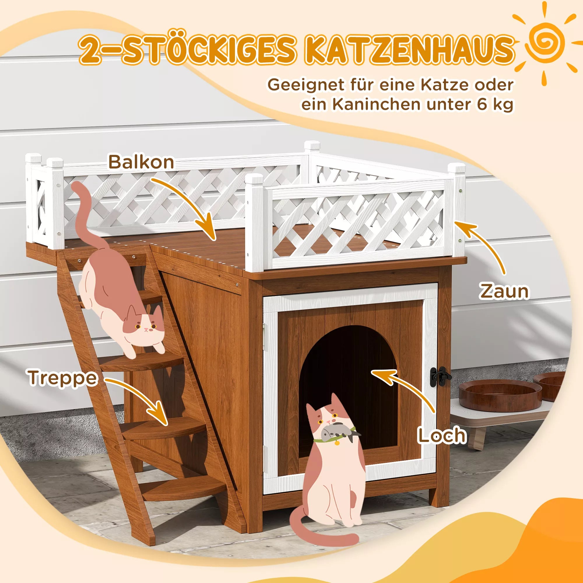 Katės namelis, dviejų aukštų, su balkonu ir laiptais, skirtas naudoti viduje ir lauke, katėms ir triušiams, pušies mediena, rudos spalvos