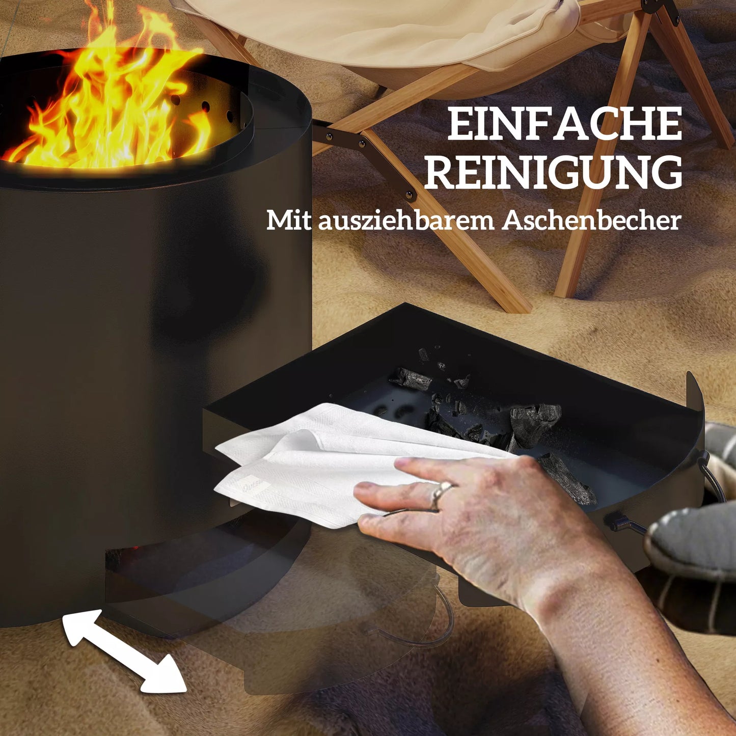 Ugnies dubuo Ø45x42cm, nerūdijančio plieno laužavietė su ugniasukiu ir pelenų padėklu, juoda