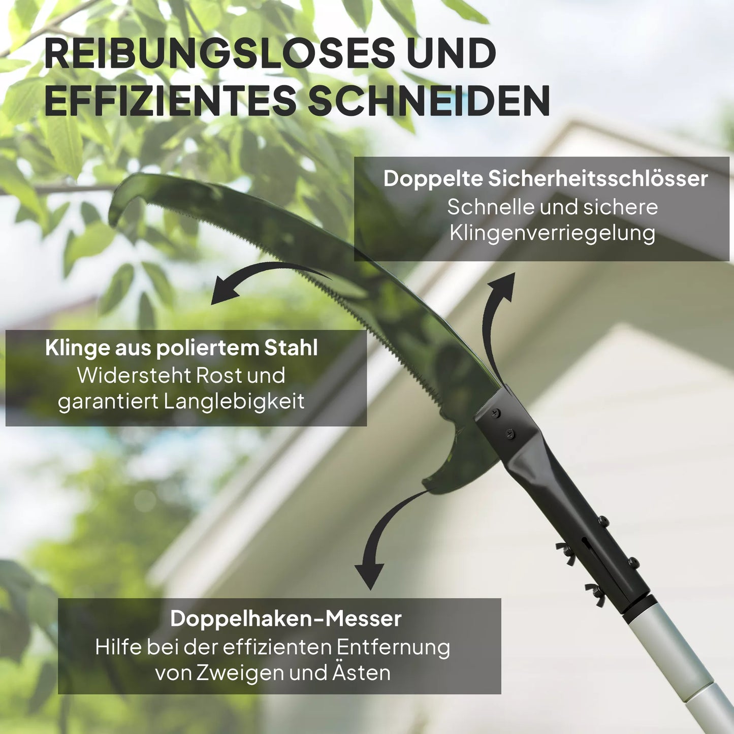 Teleskopinė šakų pjūklė 1,5–2,6 m su fiksavimo mechanizmu, teleskopine rankena, nelimpančia danga dengtu ašmenimis, juoda