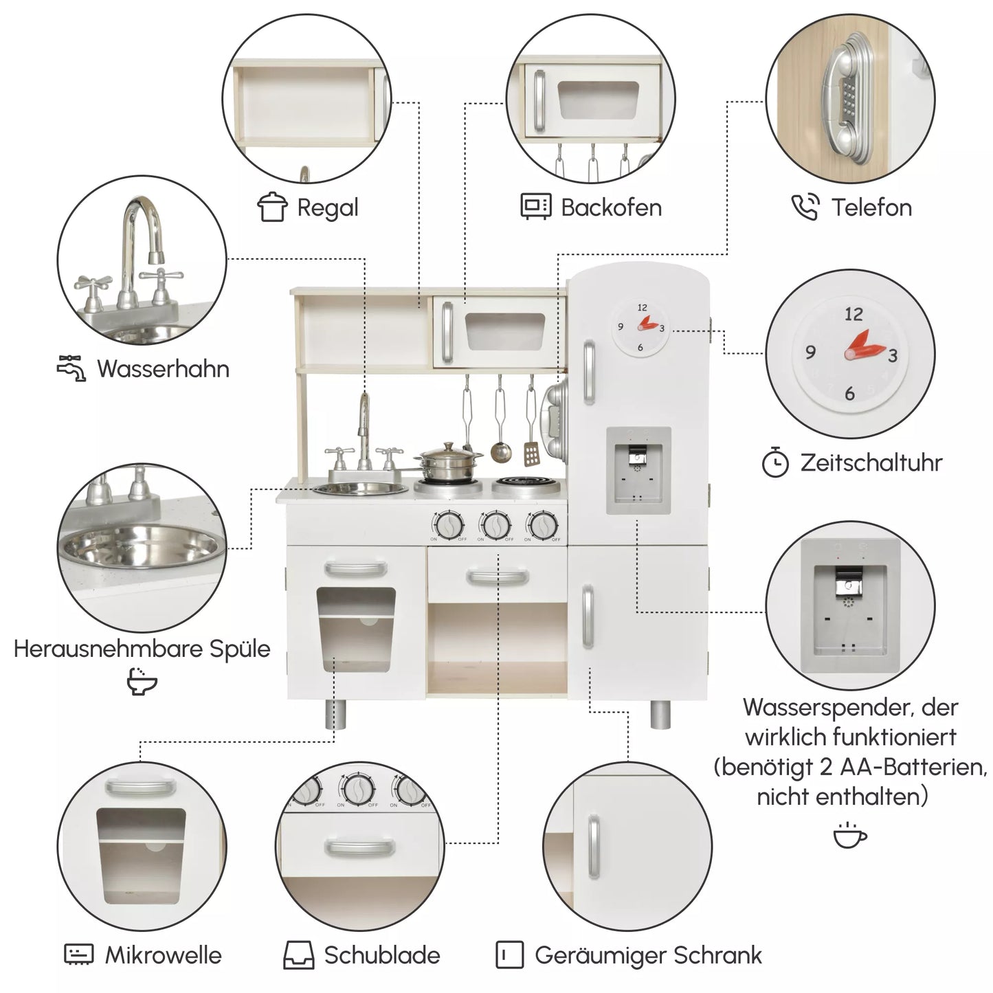 Vaikų virtuvėlė su priedais, svajonių virtuvėlė, žaidimų virtuvėlė, žaislinė virtuvėlė vaikams nuo 3 metų, pušies mediena, MDF, balta, 74 x 30 x 81 cm