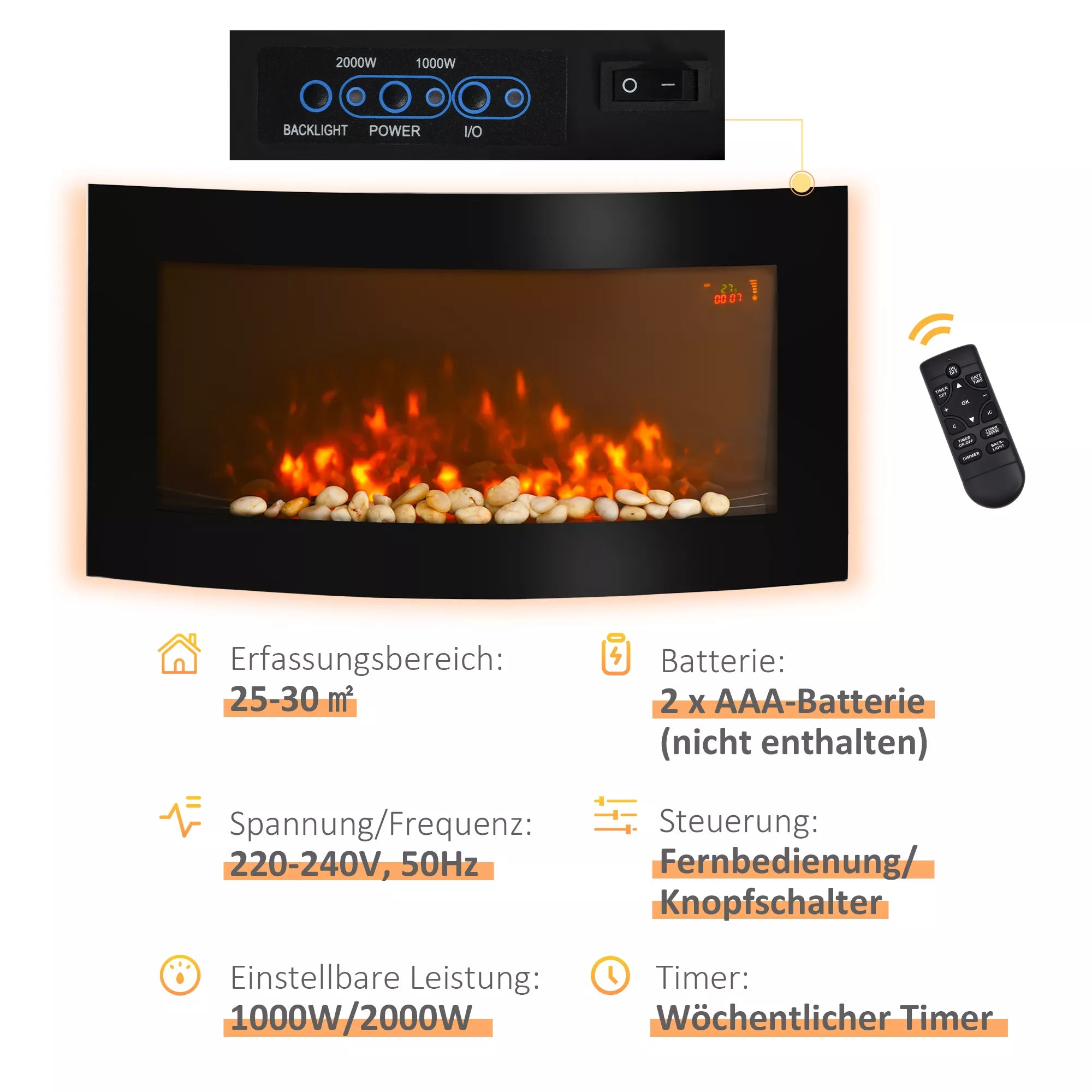 Elektrinis židinys su šildymu, sieninis židinys su LED liepsnos efektu, 7 liepsnos spalvos, 1000/2000 W, elektrinis židinys su laikmačiu, reguliuojamas termostatas, dekoratyvinis židinys su nuotolinio valdymo pultu, juodos spalvos, 89,2 cm