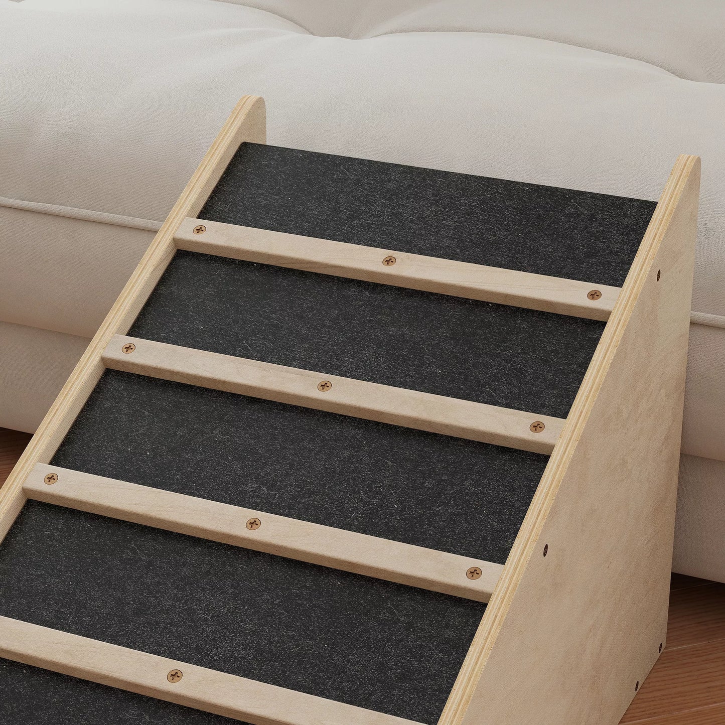 PawHut Gyvūnų laipteliai, šunų laipteliai, pušies mediena, neslystanti danga, 90 cm x 40 cm x 45 cm, Natūrali + Pilka