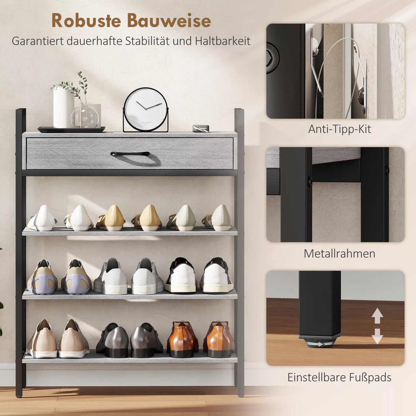 4 pakopų batų lentyna, prieškambario lentyna iki 9 porų batų, medžio drožlių plokštė, metalas, pilka