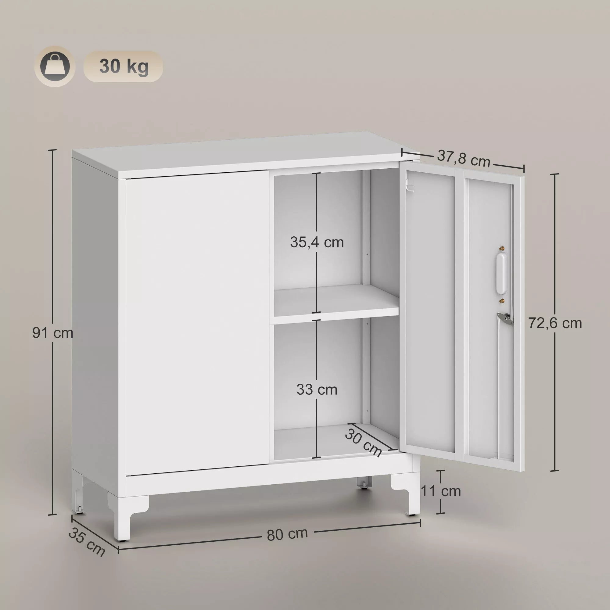 Infografika su baltos spintos matmenimis: 80 cm plotis, 91 cm aukštis, 30 kg apkrova