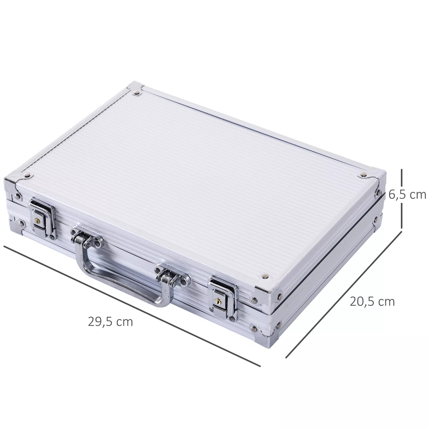 Pokerio lagaminas, 200 pokerio žetonų rinkinys, 2 kortų rinkiniai, 5 kauliukai, 1 aliuminio lagaminas. Pokerio žetonų lagaminas, aliuminio ir polistirolo, 29,5x20,5x6,5 cm