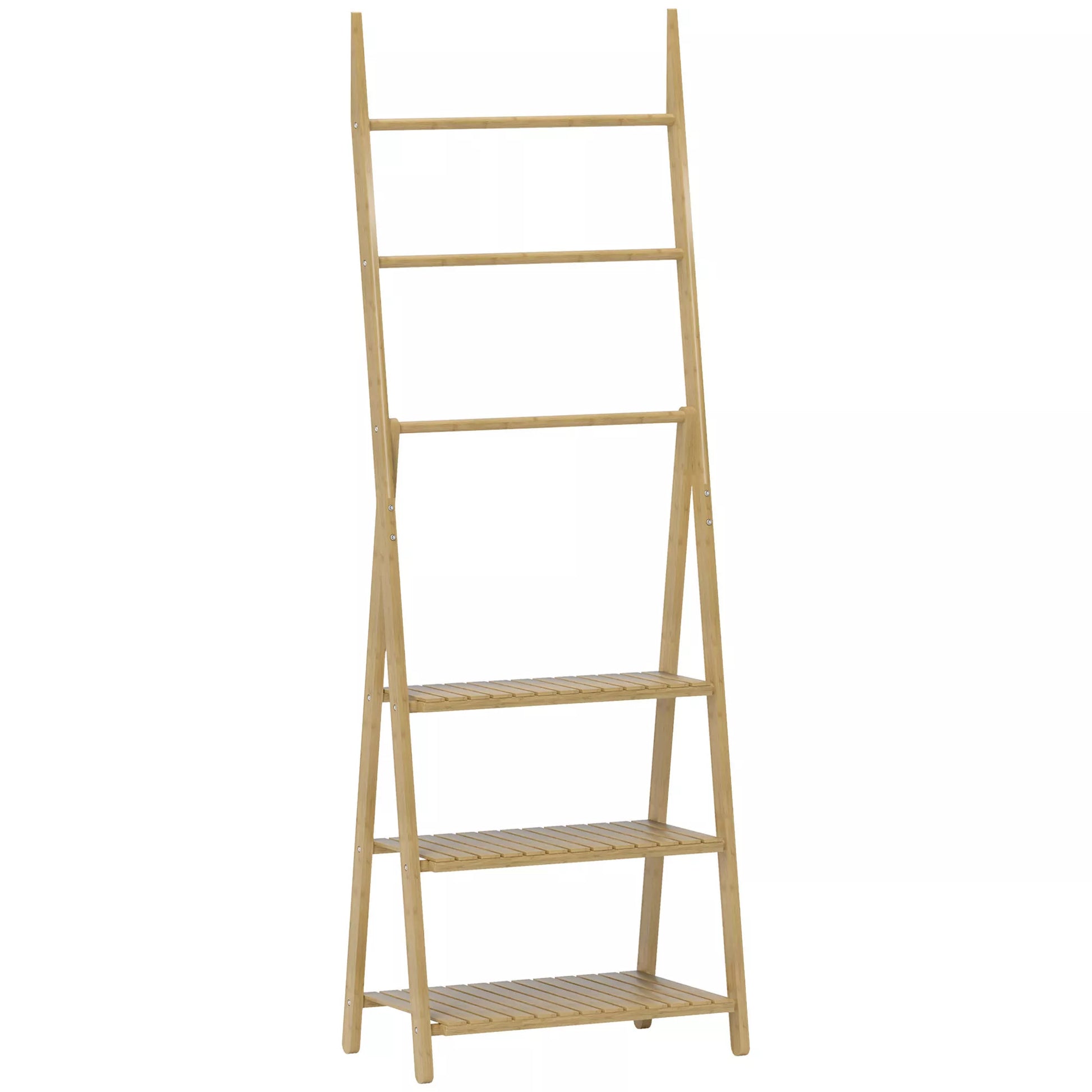3 pakopų vonios lentyna, 3 rankšluosčių laikikliai, bambuko rėmas, A formos, su grotelėmis