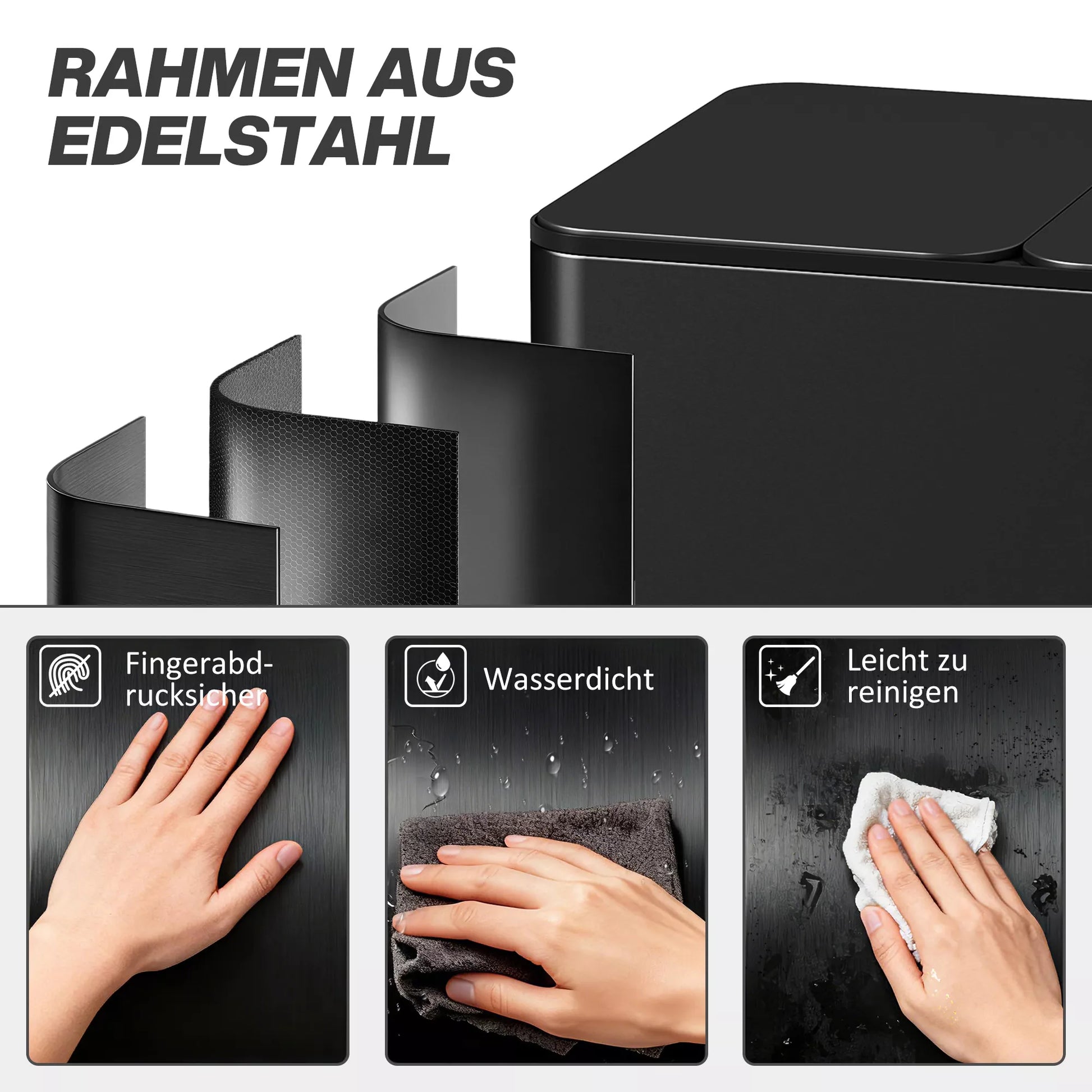 Šiukšliadėžė su 3 x 20 l skyreliais, dezodoranto dangčiu, apsaugota nuo pirštų atspaudų, minkštu uždarymu, išimama, juoda