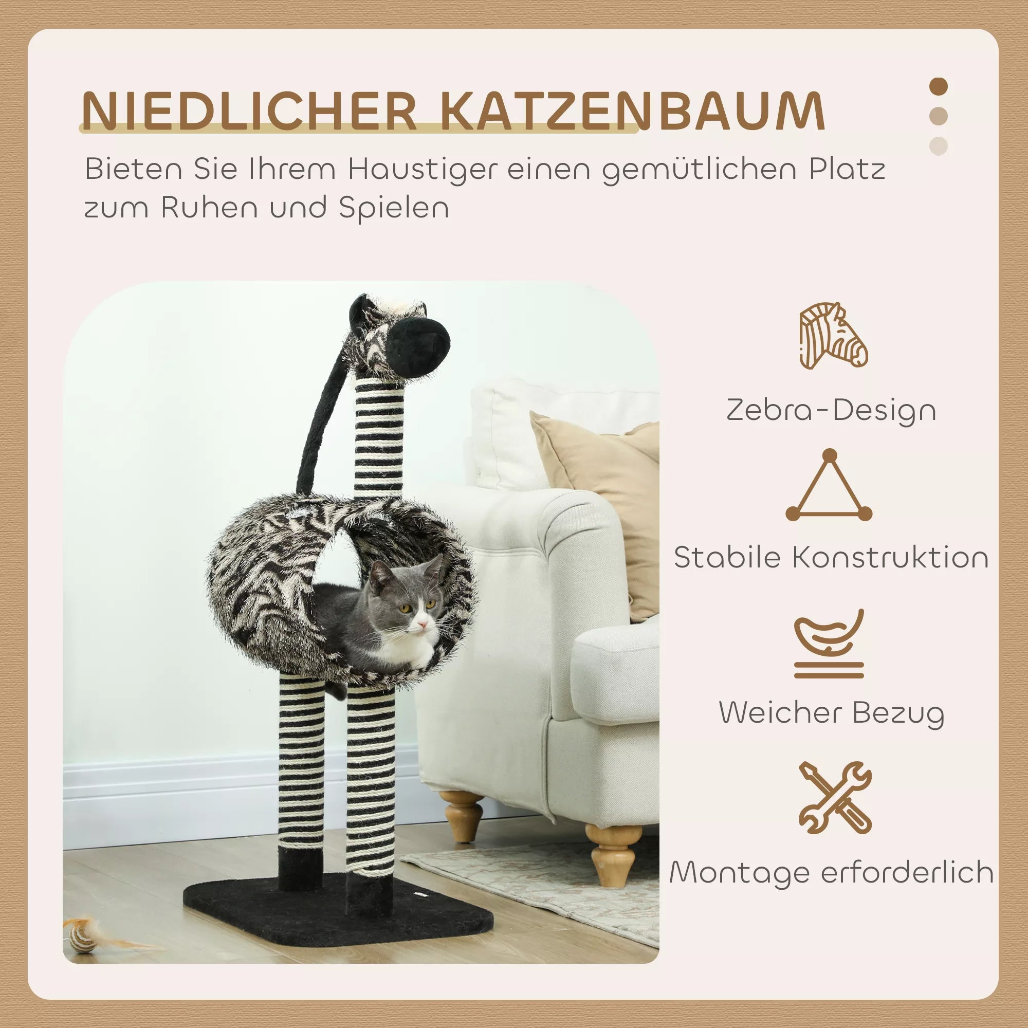 Kratzbaum zebra dizainas, 1 katės tunelis, 3 kratymo stiebai 48,5 cm x 35 cm x 93 cm, juoda + balta