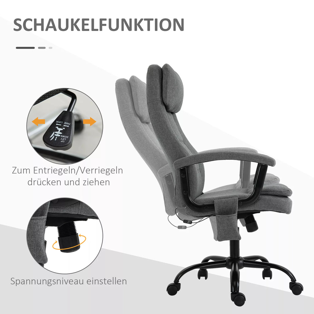 Biuro kėdė su masažu, aukščio reguliavimo, vadovo kėdė, žaidimų kėdė su masažo funkcija, ergonomiška sukama kėdė, masažinis krėslas, juosmens masažas, pilkos spalvos, su lino pojūčiu, 63 x 70 x 112-121 cm
