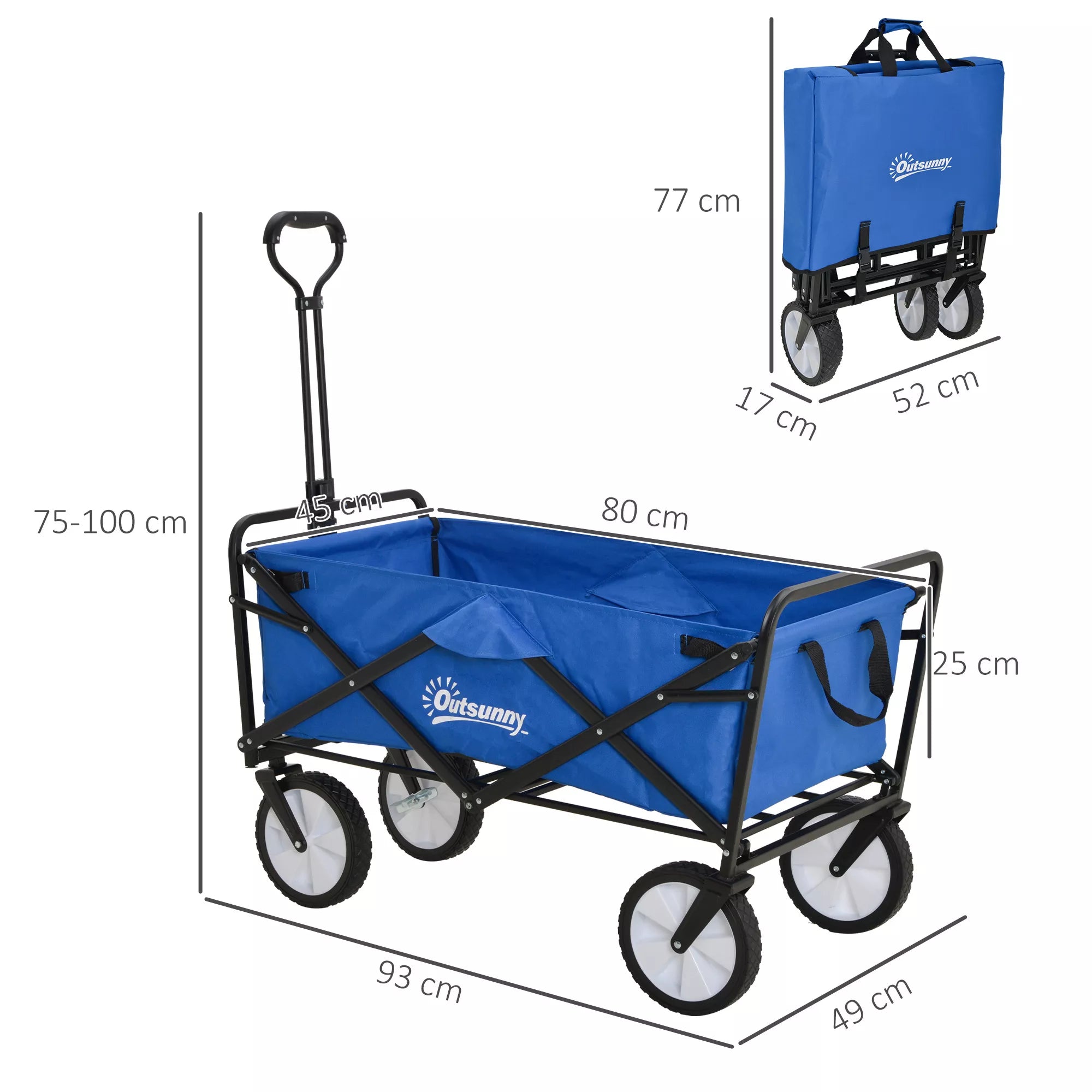 Schema su vežimėlio matmenimis: 80 × 40 cm, aukštis 75–100 cm