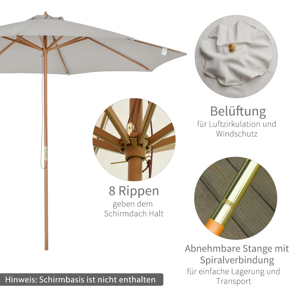 Skėtis nuo saulės, medinis, 300 cm, medinis skėtis, sodo skėtis, balkono skėtis, bambukas, pilkas