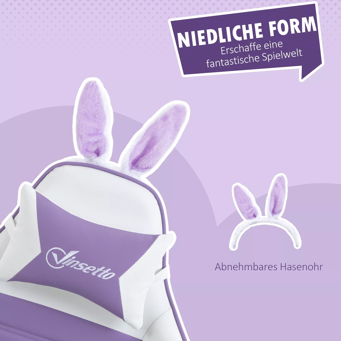 Ergonomiška žaidimų kėdė su juosmens atrama, atrama kojoms, triušio ausų pagalvėle, violetinė