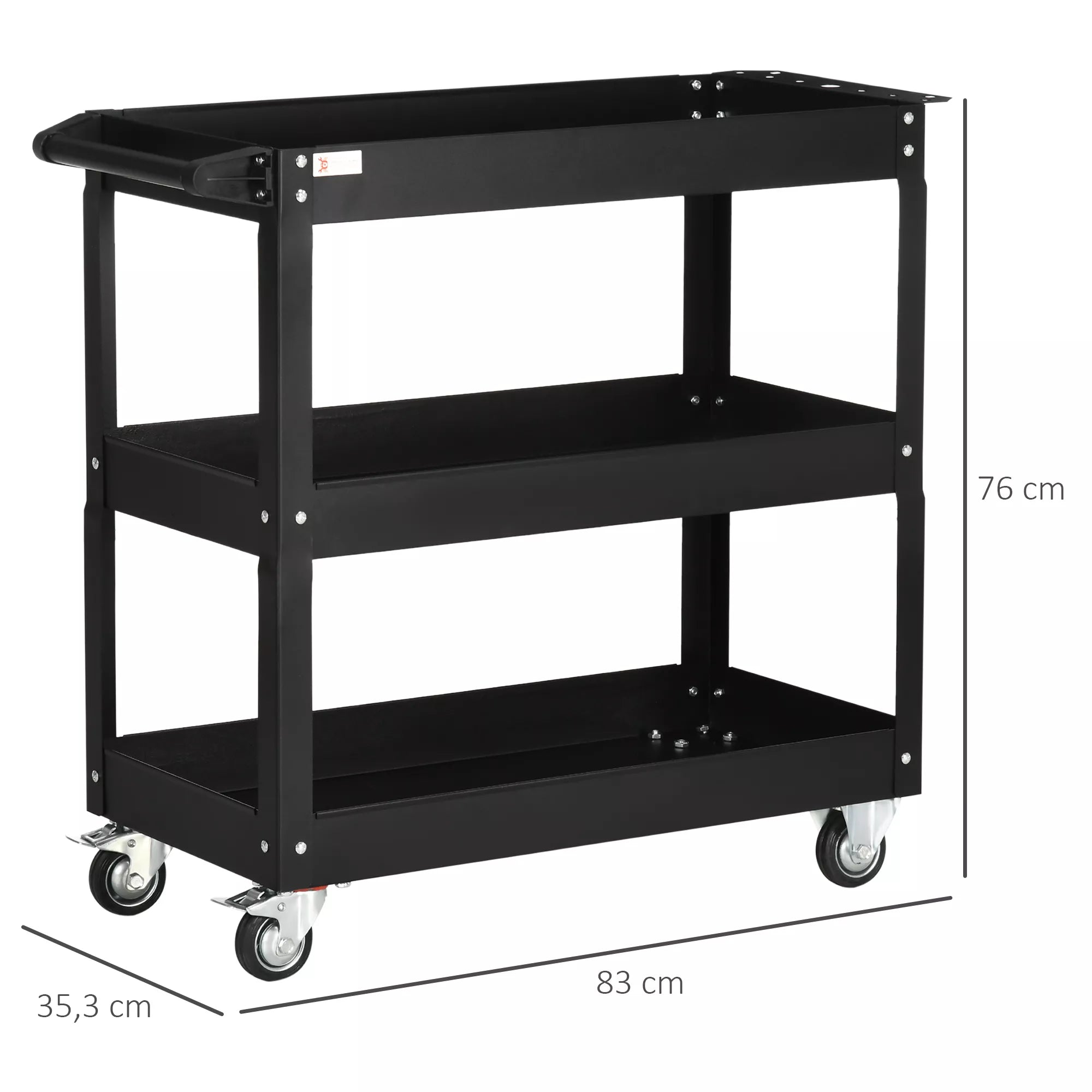 3 pakopų įrankių vežimėlis, 4 ratukai, plienas, 83B x 35,3T x 76H cm, juodas