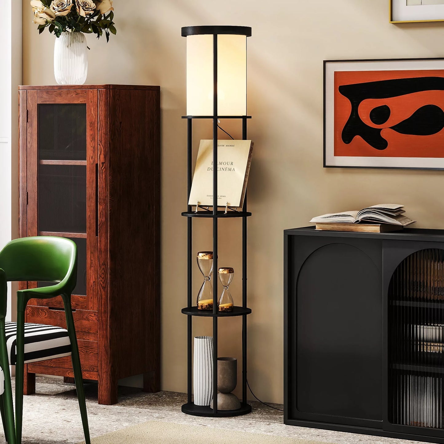 Pastatomas šviestuvas su 3 lentynomis, apvalaus dizaino, su nuotolinio valdymo pultu, su kojiniu jungikliu, reguliuojama šviesos temperatūra, skirta svetainei, juodas