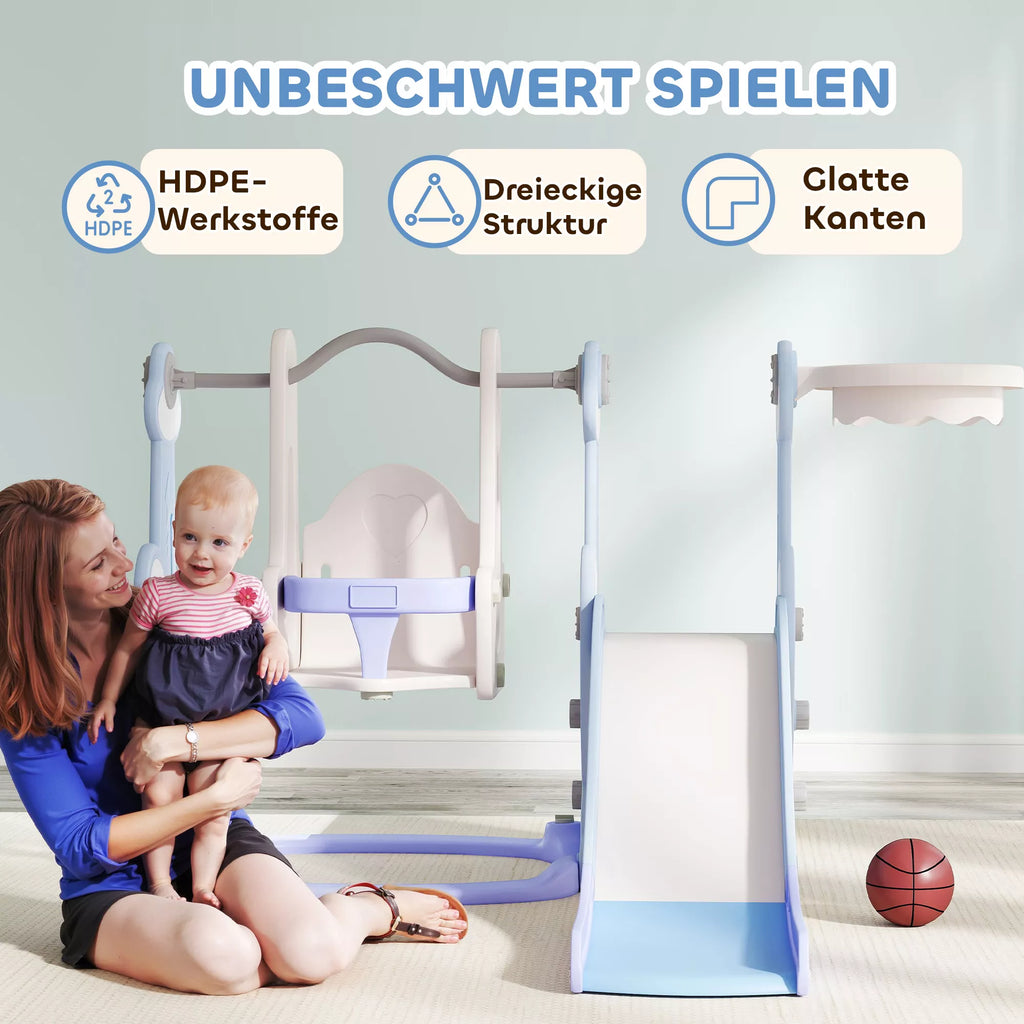 4-in-1 vidaus žaidimų aikštelė, čiuožyklos ir sūpynių rinkinys mažiems vaikams, krepšinio lankas, raketės dizainas, plastikas, šviesiai mėlyna spalva