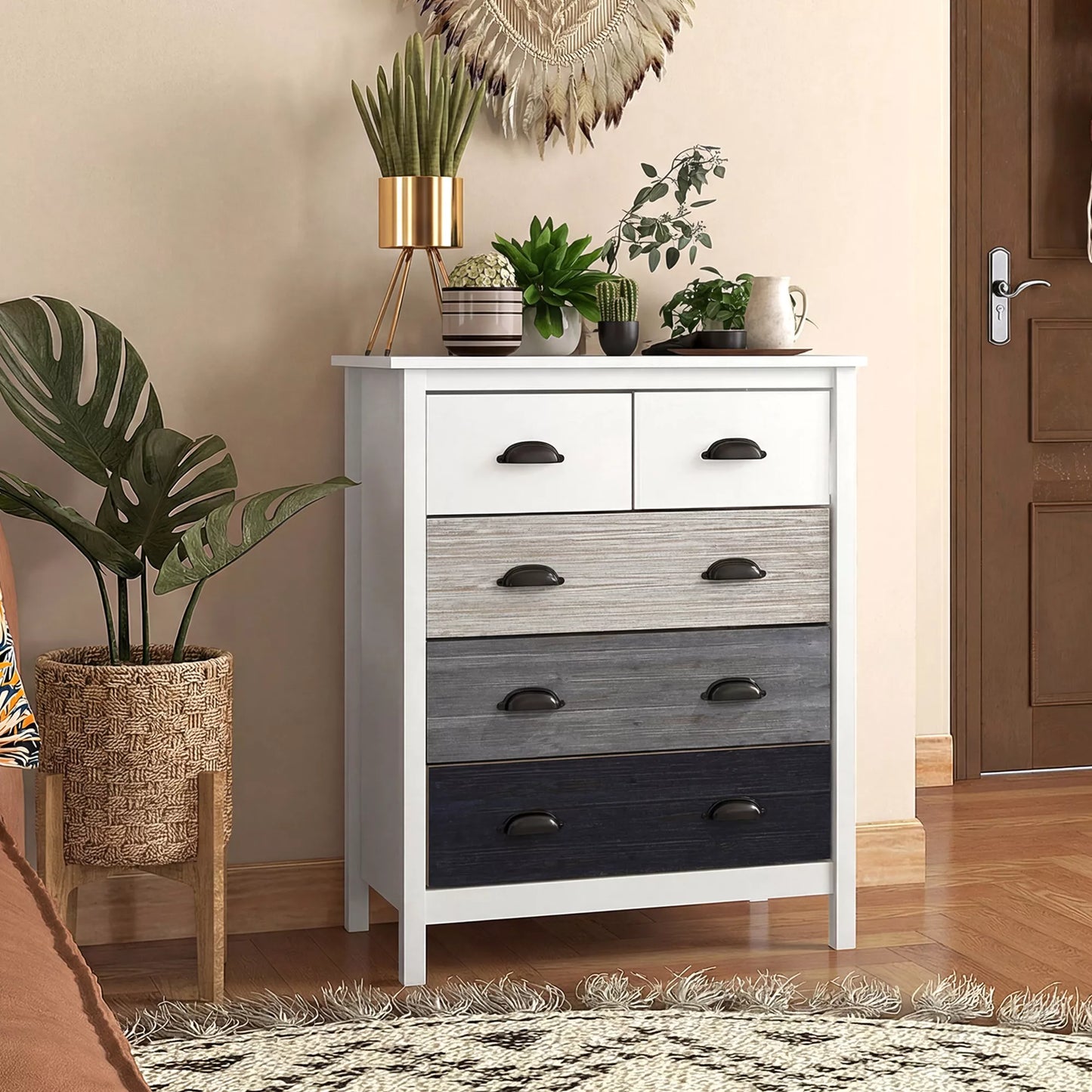 Bufetas, komoda, 5 stalčiai, lakuotas paviršius, MDF ir pušies mediena, 70 x 38 x 85 cm, balta