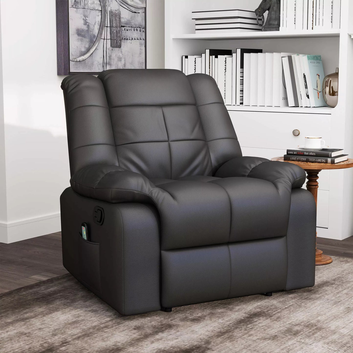 Masažinė kėdė, atlošiama kėdė, 8 vibracijos taškai, gulėjimo funkcija, dirbtinė oda, juoda, 94x99x99cm