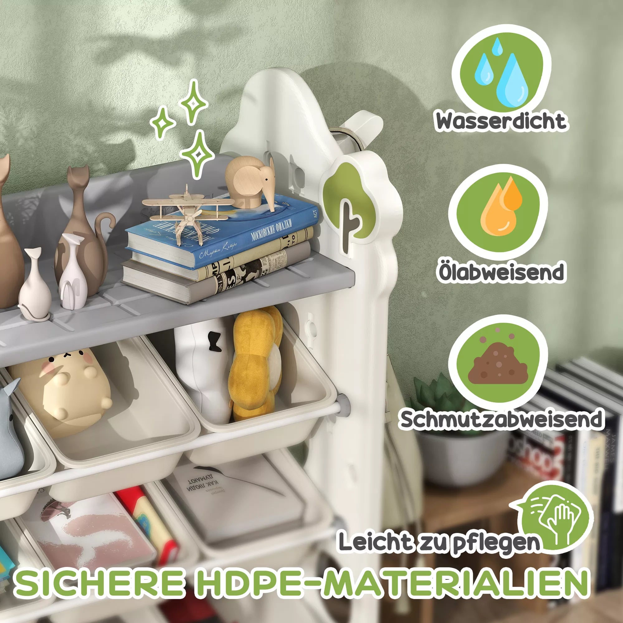 Infografika su HDPE plastiko savybėmis: vandeniui atsparus, aliejui atsparus, lengvai valomas