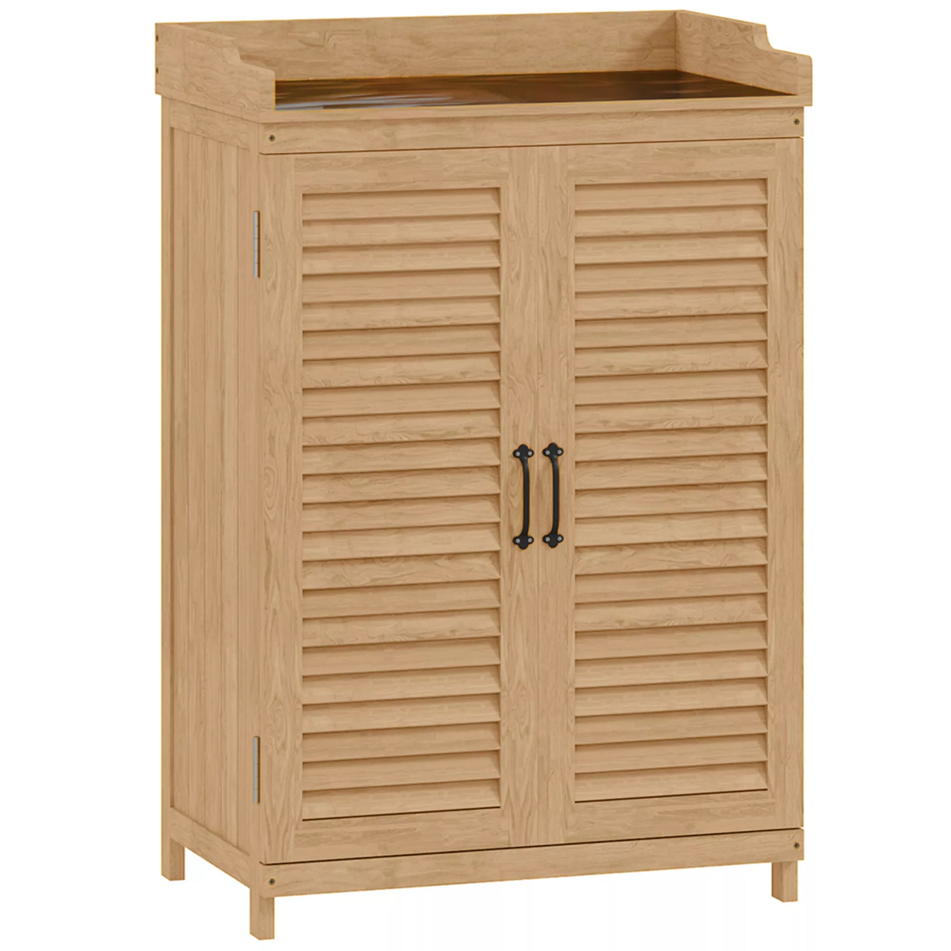 Sodo spintelė iš medžio, įrankių sandėliukas su darbo paviršiumi, atspari oro sąlygoms įrankių spintelė, 65,5x40x98,5 cm, geltona