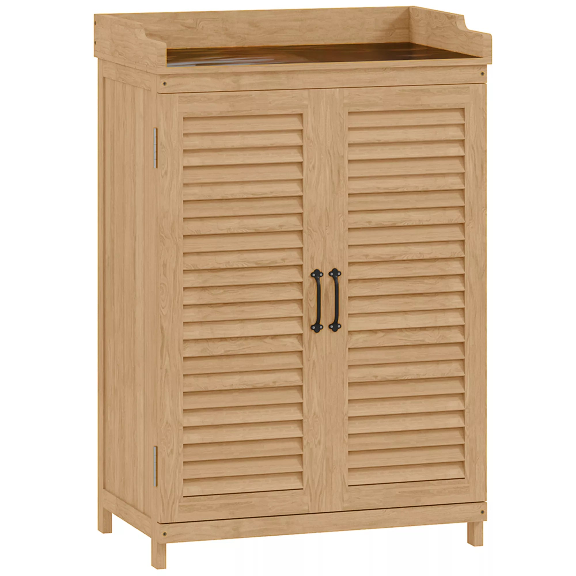 Sodo spintelė iš medžio, įrankių sandėliukas su darbo paviršiumi, atspari oro sąlygoms įrankių spintelė, 65,5x40x98,5 cm, geltona